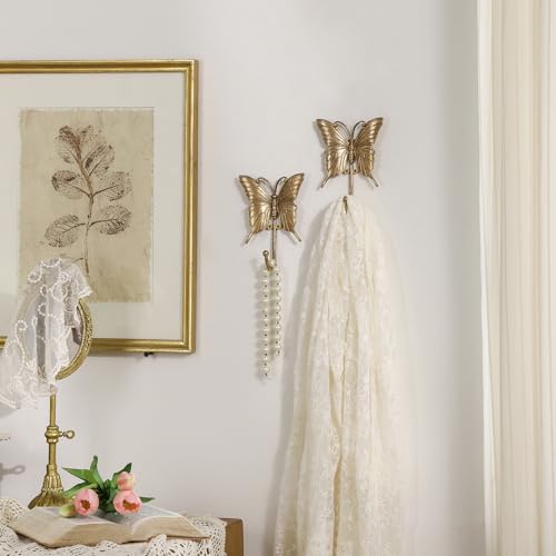 SOFFEE DESIGN 2PCS Gold Butterfly Metal Hooks Garden Theme Key Holders Enchanted Fairy Cottage Garden Entryway Decor - Image 3