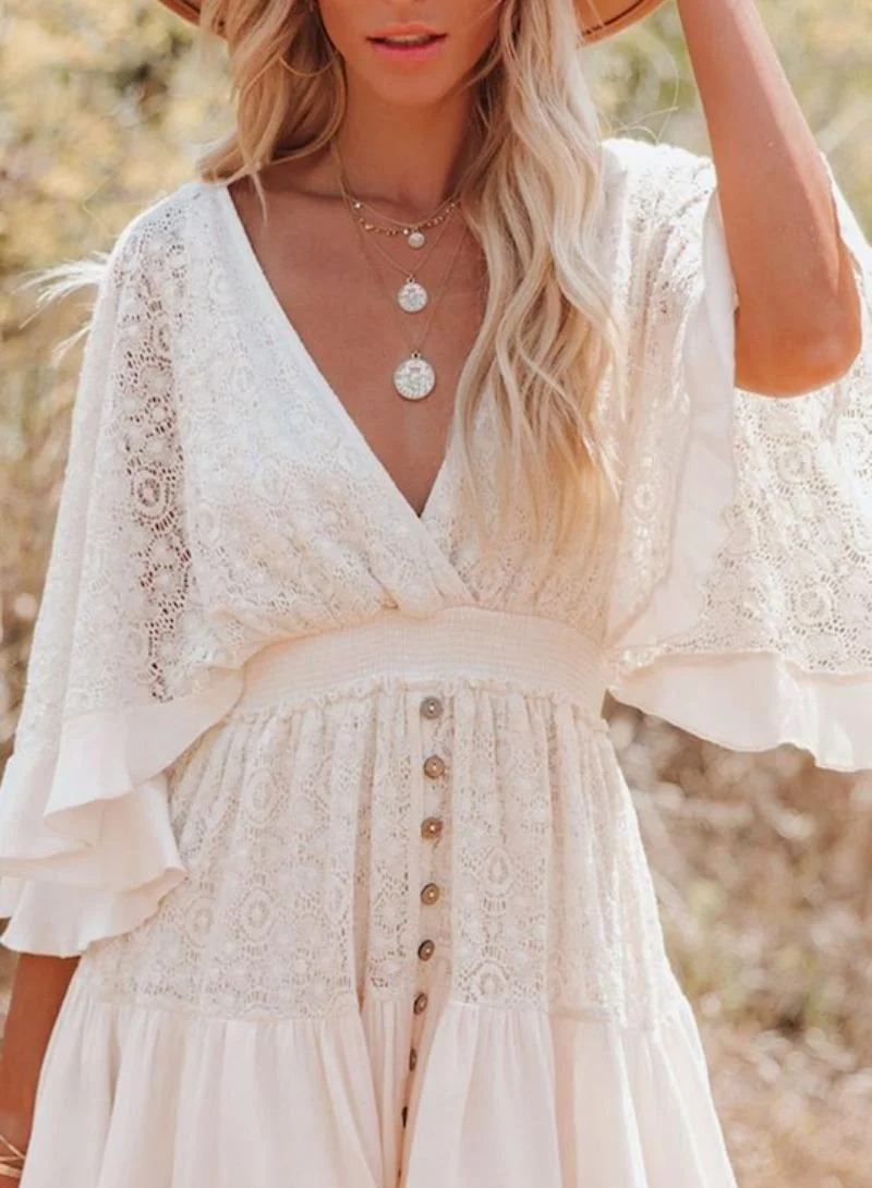 يونيكي White Self Design V-Neck Flared Sleeve Chiffon Fit & Flare Mini Dress