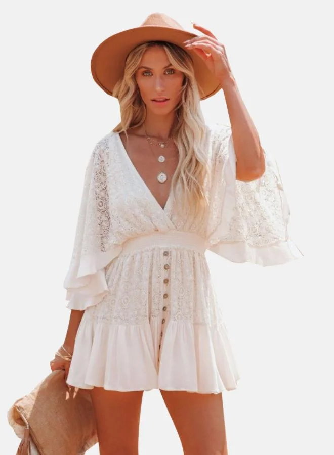 يونيكي White Self Design V-Neck Flared Sleeve Chiffon Fit & Flare Mini Dress
