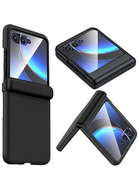 Motorola Razr 40 Ultra 2023 Case with Glass External Screen Protector, Leather Case with Hinge Protection, Slim Hard PC Full Coverage Phone Case