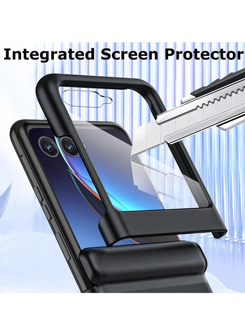General - Motorola Razr 40 Ultra 2023 Case with Glass External Screen Protector, Leather Case with Hinge Protection, Slim Hard PC Full Coverage Phone Case - Image 1