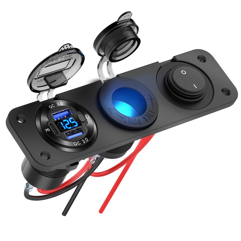 12V USB Outlet Boat Accessories Marine Switch Panel Plug PD30 and Dual QC30 USB Ports Aluminum Car Charger with Voltmeter Lighted 150W Cigarette Lighter Socket and Toggle Switch 3 in 1 DIY Kit