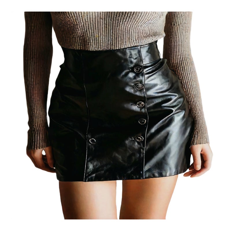 PU Leather Double-Breasted Pencil Mini Skirt - Image 1