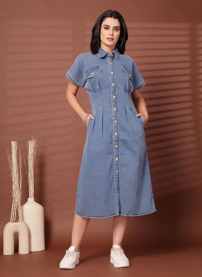 PlusS Cotton Shirt Midi Dress for Women - Image 1