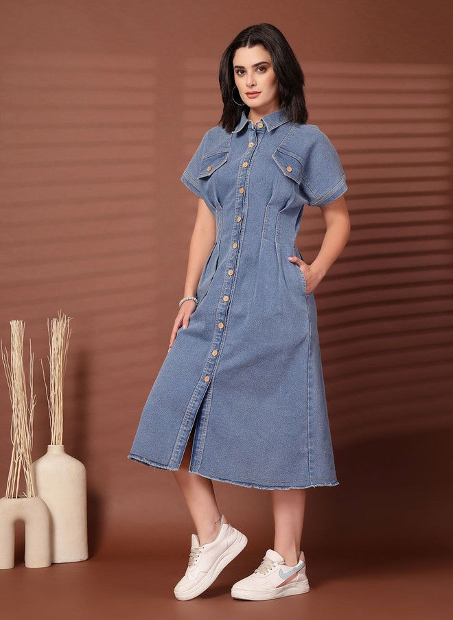PlusS Cotton Shirt Midi Dress for Women - Image 4