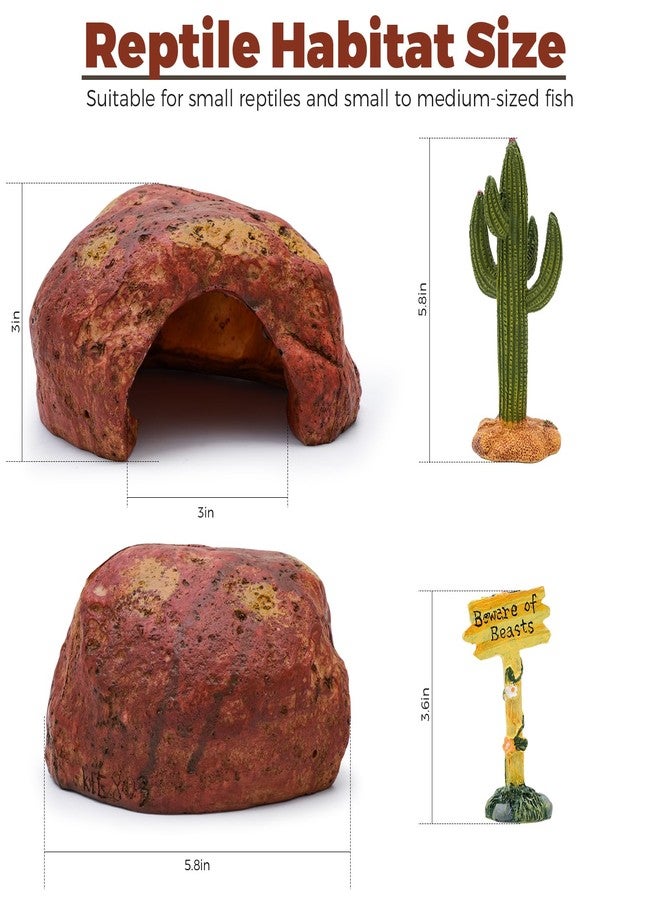 AMZCOM 3-in-1 Desert Theme Reptile Rock Cave Hide for Leopard Gecko & Snake - Naturalistic Tank Habitat Decor Set with Cactus Model, Interactive Warning Sign & Moist Hideout (Small Size) - Image 3