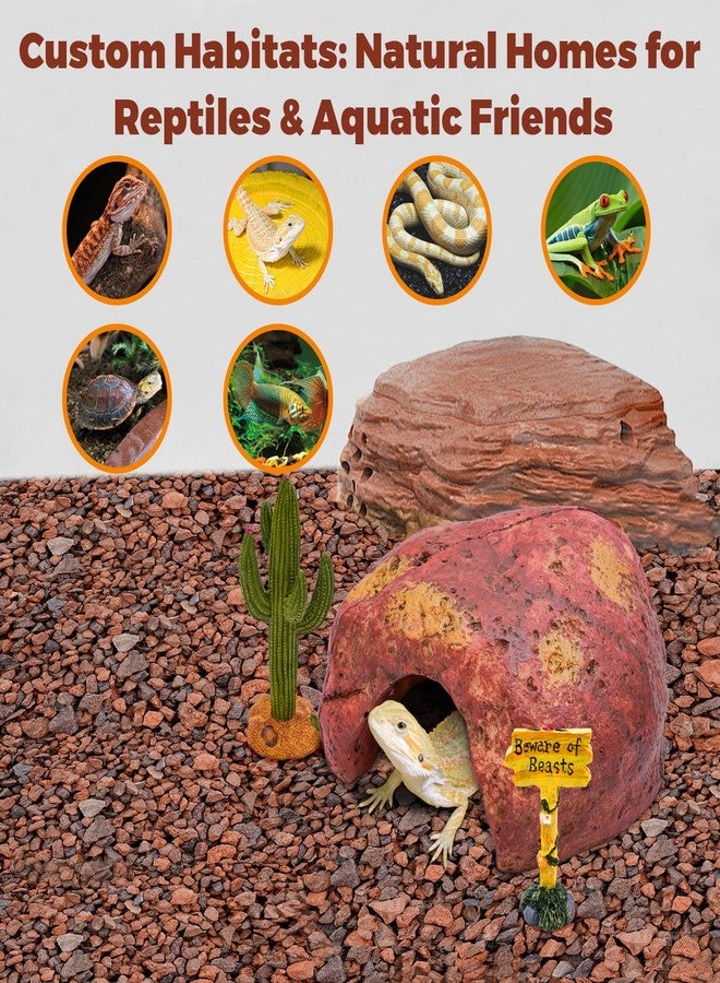 AMZCOM 3-in-1 Desert Theme Reptile Rock Cave Hide for Leopard Gecko & Snake - Naturalistic Tank Habitat Decor Set with Cactus Model, Interactive Warning Sign & Moist Hideout (Small Size) - Image 2