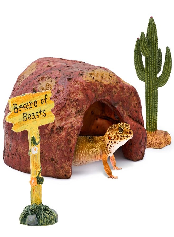 AMZCOM 3-in-1 Desert Theme Reptile Rock Cave Hide for Leopard Gecko & Snake - Naturalistic Tank Habitat Decor Set with Cactus Model, Interactive Warning Sign & Moist Hideout (Small Size) - Image 1