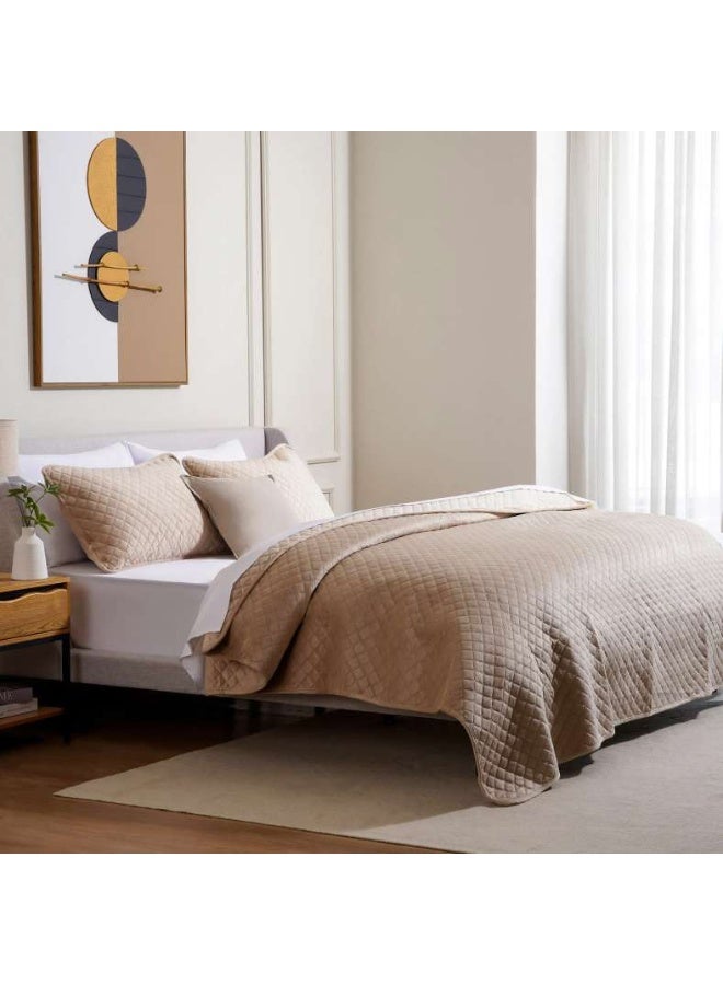 Pan Home Veronica 3-piece Velvet Quilted Bedspread Set 160x220cm - Beige - Image 2