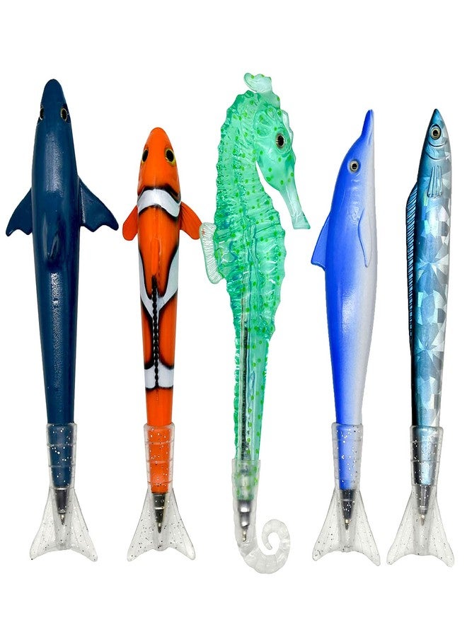 Lopenle 5PCS Novelty Fish Pens Clownfish Shark Pens Sea Horse Pens Dolphin Pen Sea Animal Ballpoint Pen With Fin Tail Black Ink For School Supplies Birthday Party - Image 1