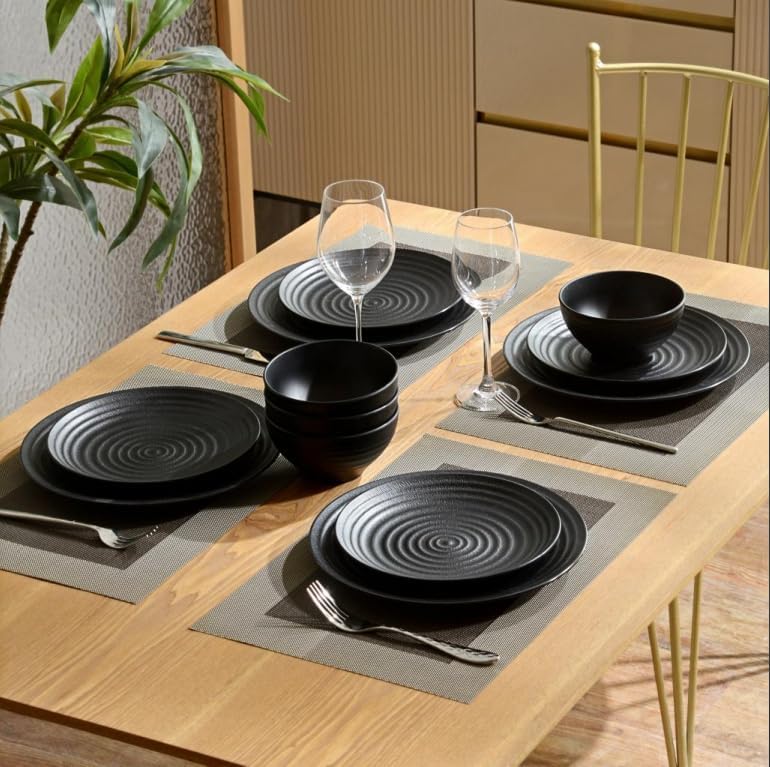 Hesinco Melamine Dinnerware Sets for 412Pcs Plate and Bowl Set Lightweight Dish Set for CampingRV and BBQ Dishwasher SafeBPA freeBlack - Image 2