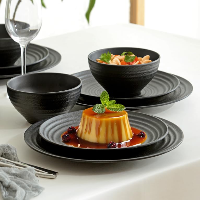 Hesinco Melamine Dinnerware Sets for 412Pcs Plate and Bowl Set Lightweight Dish Set for CampingRV and BBQ Dishwasher SafeBPA freeBlack - Image 4