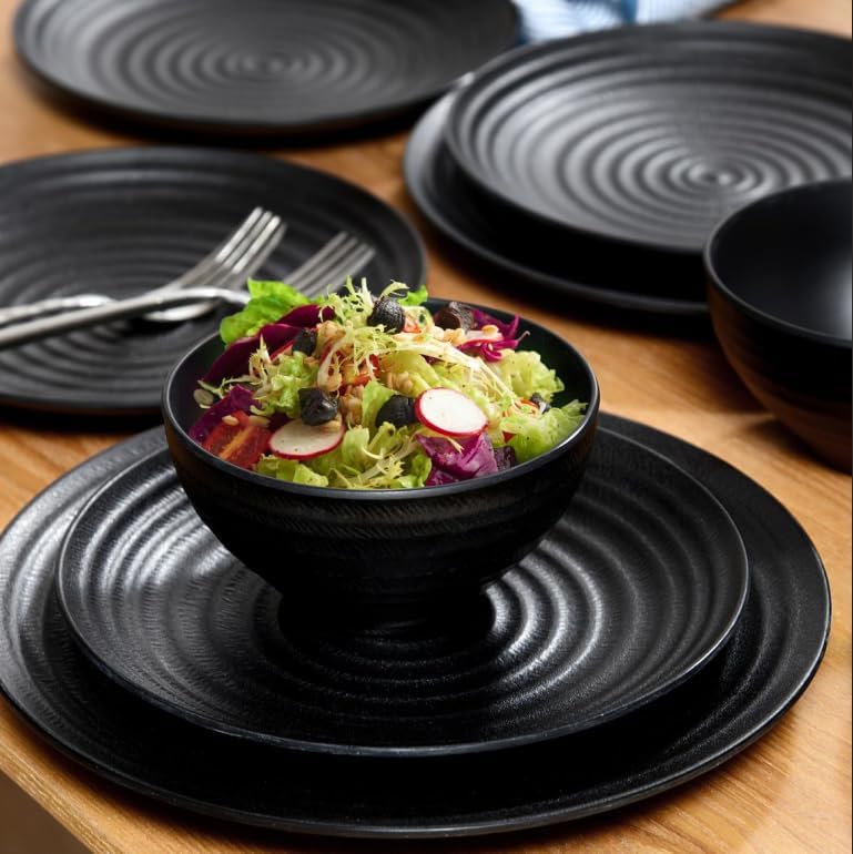 Hesinco Melamine Dinnerware Sets for 412Pcs Plate and Bowl Set Lightweight Dish Set for CampingRV and BBQ Dishwasher SafeBPA freeBlack - Image 3