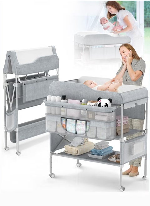 Baby Diaper Changing Table, Foldable Infant Diaper Station with Wheels, Nursery Organizer for Newborns, Babies Dresser Changing Table with Storage Rack, Strengthen Structure and 3 Adjustable Height