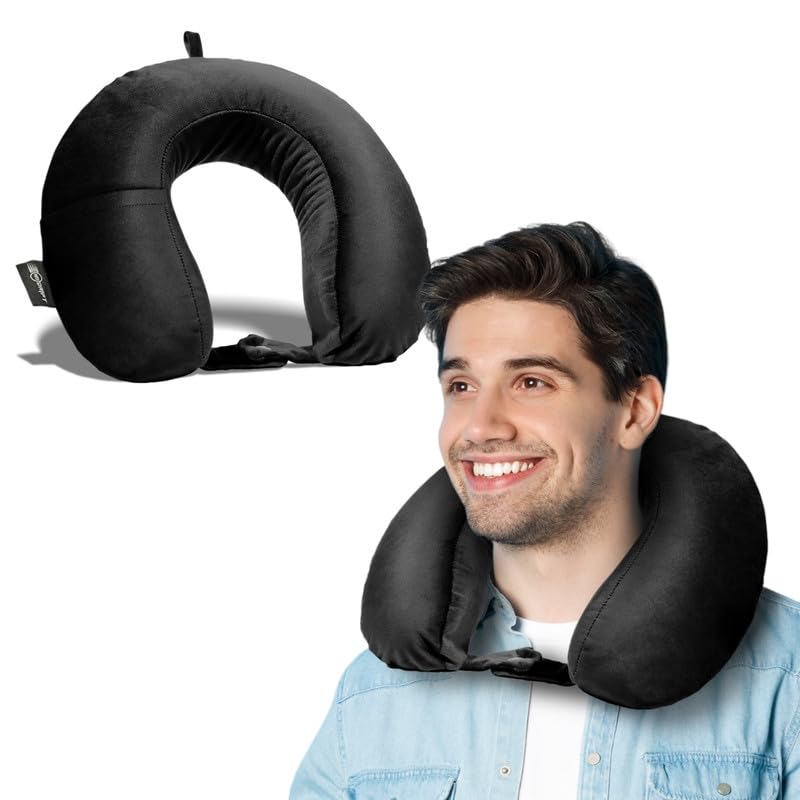 Neodrift TravelNeck - Travel Neck Pillow with Memory Foam Head Support for Airplane, Car, Train, Bus, and Home Use - Ultimate Comfort Velvet Cushion Travel Pillow (Color: Black) - Image 1