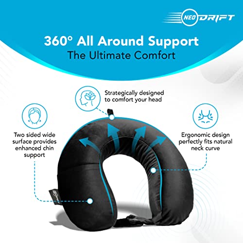 Neodrift TravelNeck - Travel Neck Pillow with Memory Foam Head Support for Airplane, Car, Train, Bus, and Home Use - Ultimate Comfort Velvet Cushion Travel Pillow (Color: Black) - Image 3