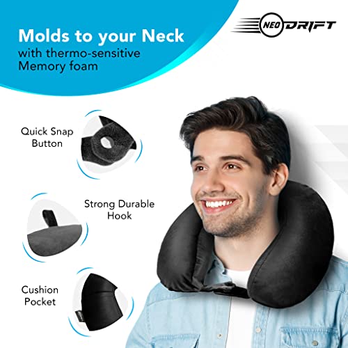 Neodrift TravelNeck - Travel Neck Pillow with Memory Foam Head Support for Airplane, Car, Train, Bus, and Home Use - Ultimate Comfort Velvet Cushion Travel Pillow (Color: Black) - Image 2