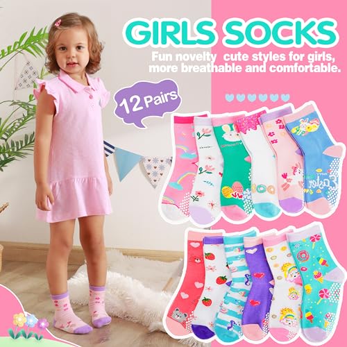 Welwoos Baby Girls Toddlers Grips Socks Kids Non Slip Anti Skid Funny Animal Cartoon Gift Cotton Socks with Grippers 12 Pairs Stocking Stuffers (Flower,1-3 Y) - Image 2