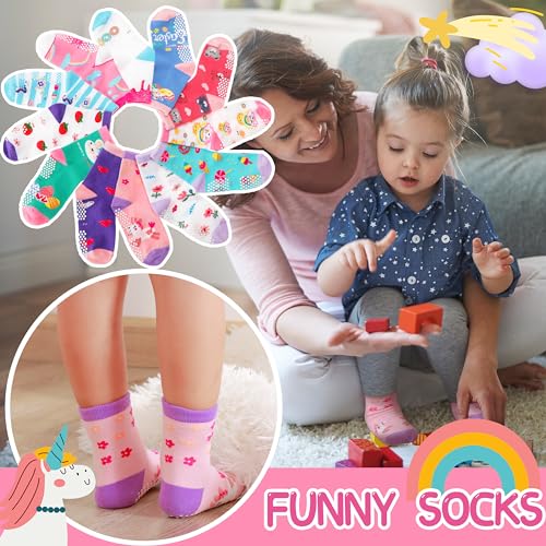 Welwoos Baby Girls Toddlers Grips Socks Kids Non Slip Anti Skid Funny Animal Cartoon Gift Cotton Socks with Grippers 12 Pairs Stocking Stuffers (Flower,1-3 Y) - Image 3
