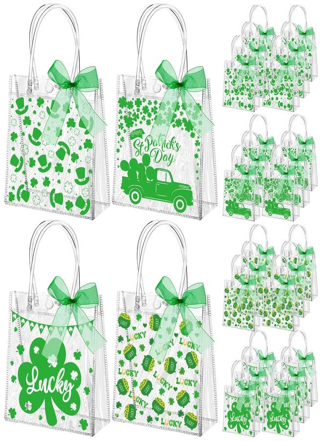 Abbylike 24 Pcs St. Patrick's Day Clear Gift Bag 7.87x3.15x7.87 in Shamrock Shopping Plastic PVC Tote Bag with Handles Clear Irish Lucky Clovers Container for St. Patrick Party Supplies - Image 1