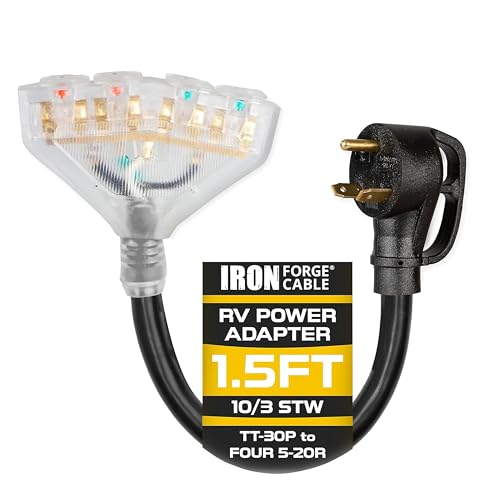 Iron Forge Cable RV Cord, Generator and RV Electrical Adapter Power Cord, TT-30P Male Plug to 4 5-20R Female, 1.5 Ft Plug Adapter - 10/3 STW Yellow - Image 1
