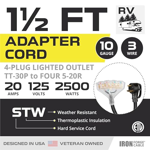 Iron Forge Cable RV Cord, Generator and RV Electrical Adapter Power Cord, TT-30P Male Plug to 4 5-20R Female, 1.5 Ft Plug Adapter - 10/3 STW Yellow - Image 2