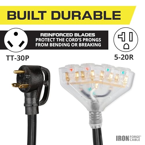 Iron Forge Cable RV Cord, Generator and RV Electrical Adapter Power Cord, TT-30P Male Plug to 4 5-20R Female, 1.5 Ft Plug Adapter - 10/3 STW Yellow - Image 3