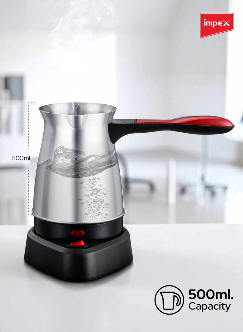 إمبكس صانعة القهوة التركية | سعة 500 مل | إبريق قهوة كهربائي من الفولاذ المقاوم للصدأ مع مقبض قابل للطي مقاوم للحرارة | إيقاف تلقائي وحماية من الغليان الجاف | ضوء مؤشر العمل | نظام حماية متعدد | جودة عالية - - Image 4
