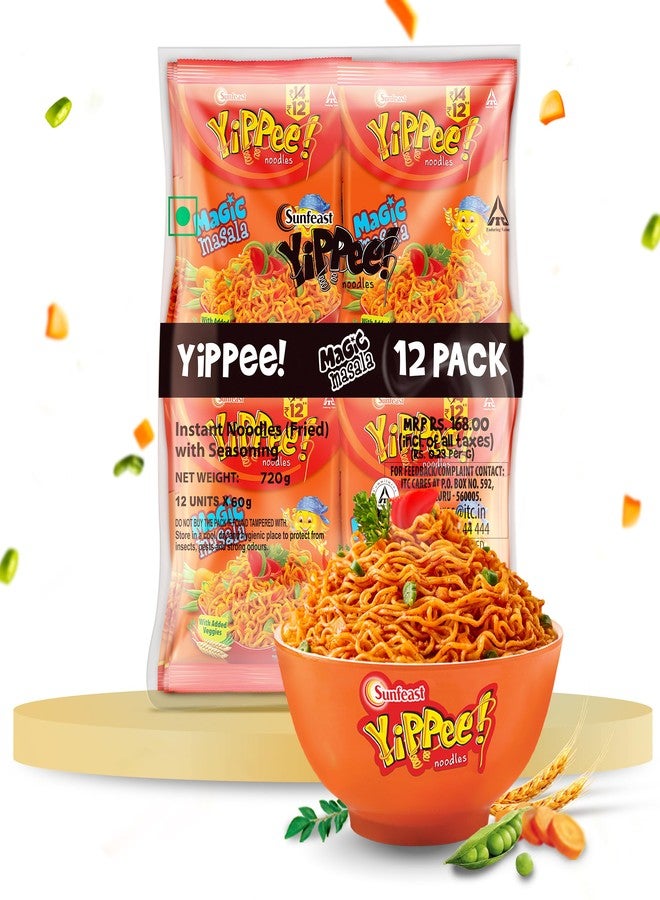 Sunfeast YiPPee! Magic Masala, Long, Non-Sticky Instant Noodles | With Real Vegetables 12 in 1 Pack | 720 gram/840g/ 871.2 (12 unit *72.6)(weight may vary) - Image 1