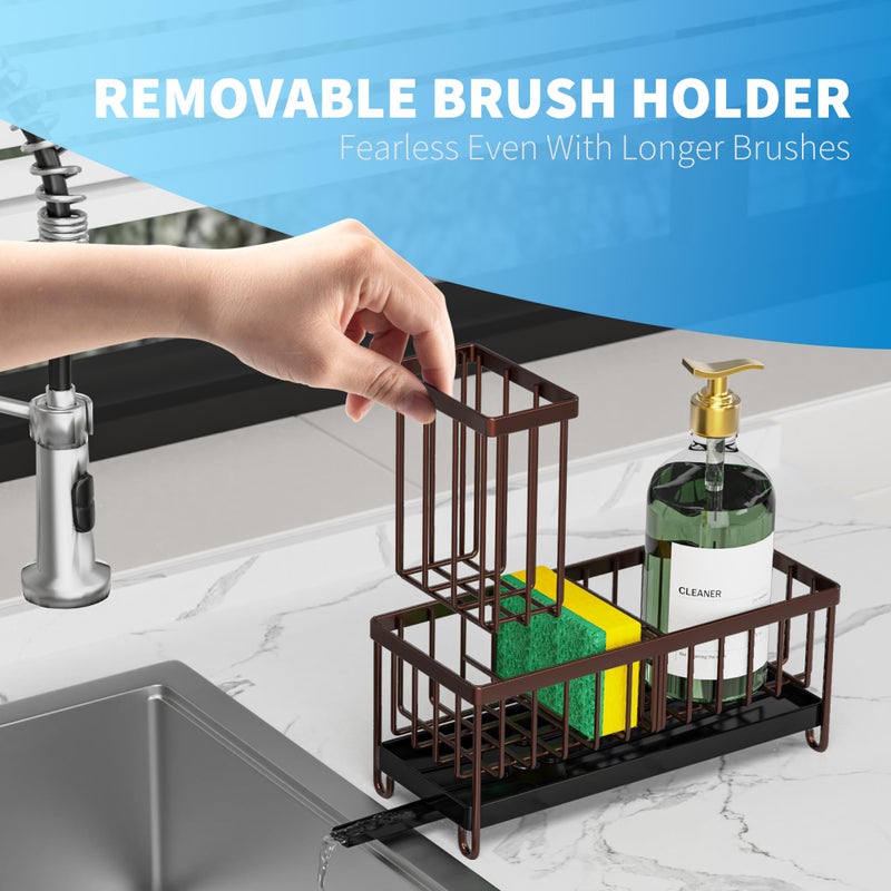 Cisily Brown Sponge Holder for Kitchen Sink, Sink Caddy Organizer with High Brush Holder, Kitchen Countertop Organizers and Storage Essentials, Rustproof 304 Stainless Steel, Soap Dispenser Organize - Image 4