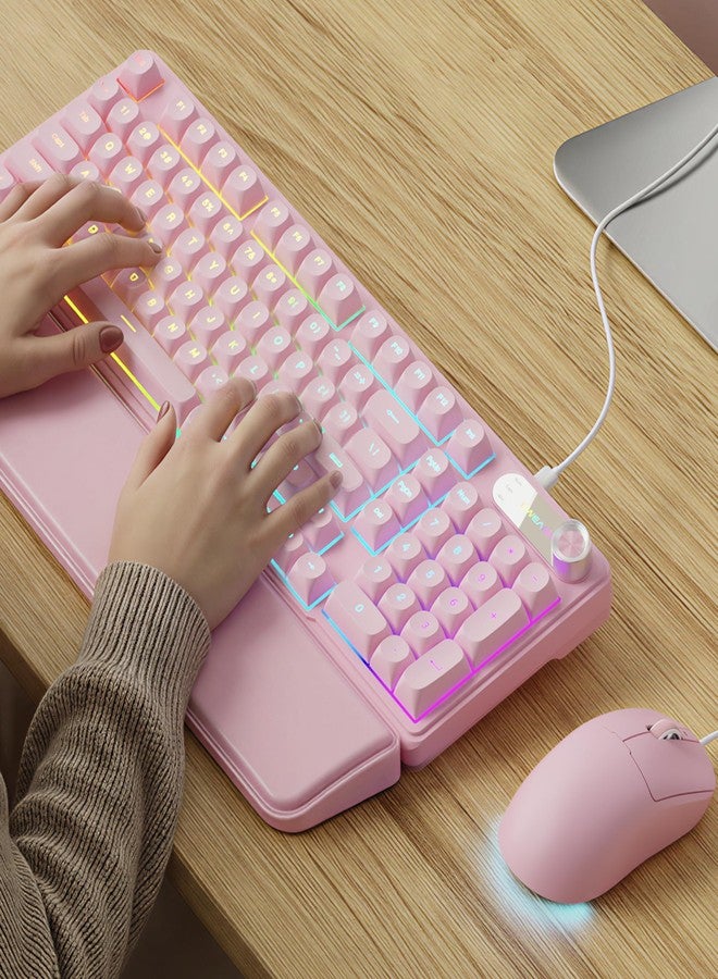 EWEADN C98 Wired Keyboard and Mouse Combo, Wired Computer Keyboards with Wrist Palm, Double-Shot Keycaps, Silent RGB Backlight Keyboard for Windows/MAC/PC (Pink) - Image 1
