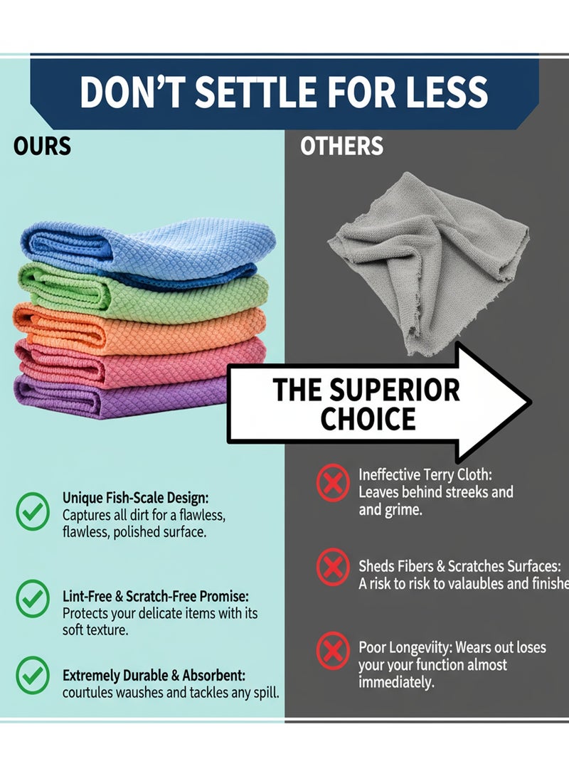 Nawāzīl 5 Pack Fish Scale Microfiber Cleaning Cloth 30x30cm – Streak-Free Glass Cloth, Lint-Free, Super Absorbent, Reusable Rags for Kitchen, Bathroom, Car, Windows - Image 5