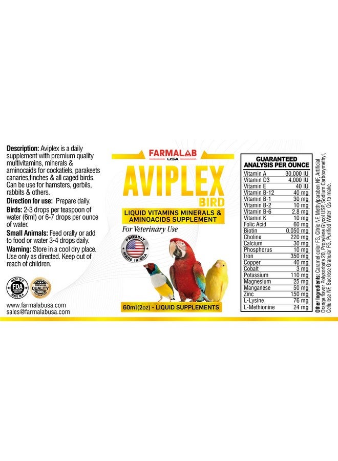 Farmalab AVIPLEX Liquid Vitamins Minerals AMINOACIDS Supplement 60ml Budgies, Parakeet, Finches, Lovebirds Quakers All Caged Birds - Image 3