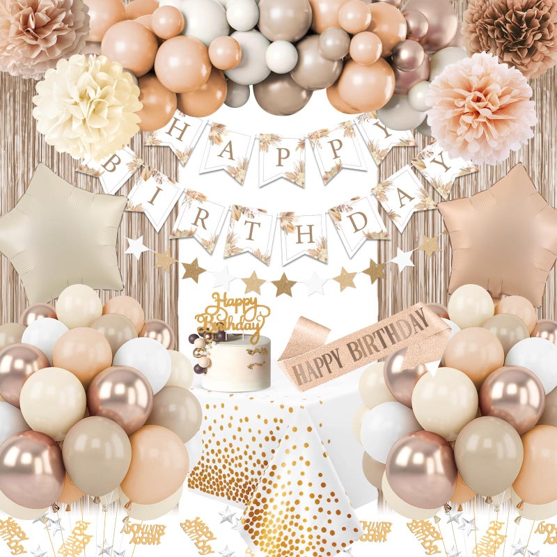 Fantspati Birthday Decorations for Women Party Decorations for Women with Beige Cream Neutral Balloons Birthday Sash Tablecloth Happy Birthday Banner Neutral Boho Bday Decorations for Men Woman Boys Girl - Image 2