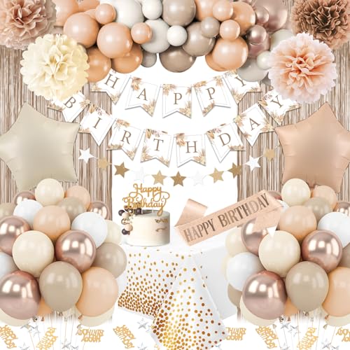 Fantspati Birthday Decorations for Women Party Decorations for Women with Beige Cream Neutral Balloons Birthday Sash Tablecloth Happy Birthday Banner Neutral Boho Bday Decorations for Men Woman Boys Girl - Image 1