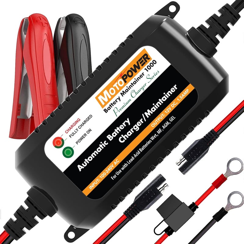 MOTOPOWER MP00206A 12V 1.5Amp Automatic Battery Charger, Battery Maintainer for Cars, Motorcycles, ATVs, RVs, Powersports, Boat and More - Image 1