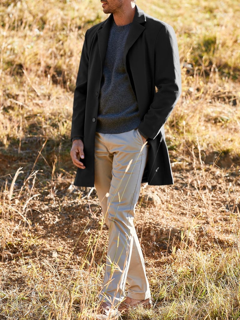 PASLTER Mens Trench Coat Slim Fit Notched Collar Fall Winter Single Breasted Pea Coat Warm Soft Overcoat - Image 4