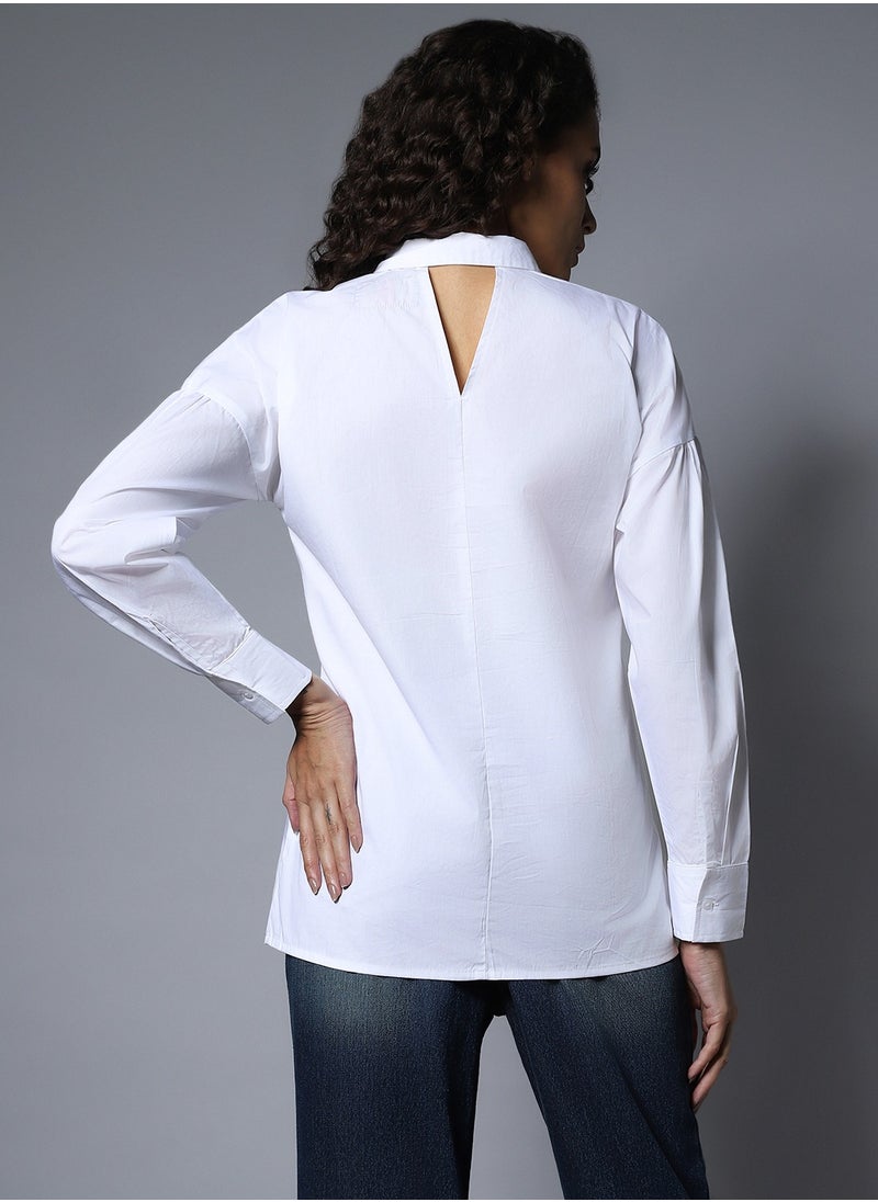 HIGH STAR White Longline Spread Collar Shirt for Women  - Image 2