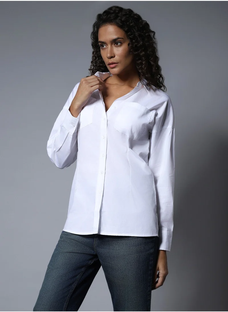 HIGH STAR White Longline Spread Collar Shirt for Women
