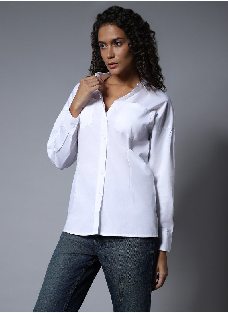 HIGH STAR White Longline Spread Collar Shirt for Women  - Image 3
