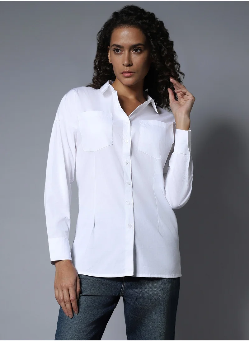 HIGH STAR White Longline Spread Collar Shirt for Women