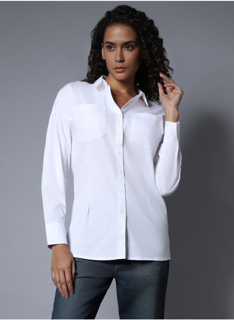 HIGH STAR - White Longline Spread Collar Shirt for Women - Image 1