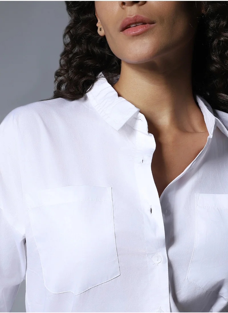HIGH STAR White Longline Spread Collar Shirt for Women