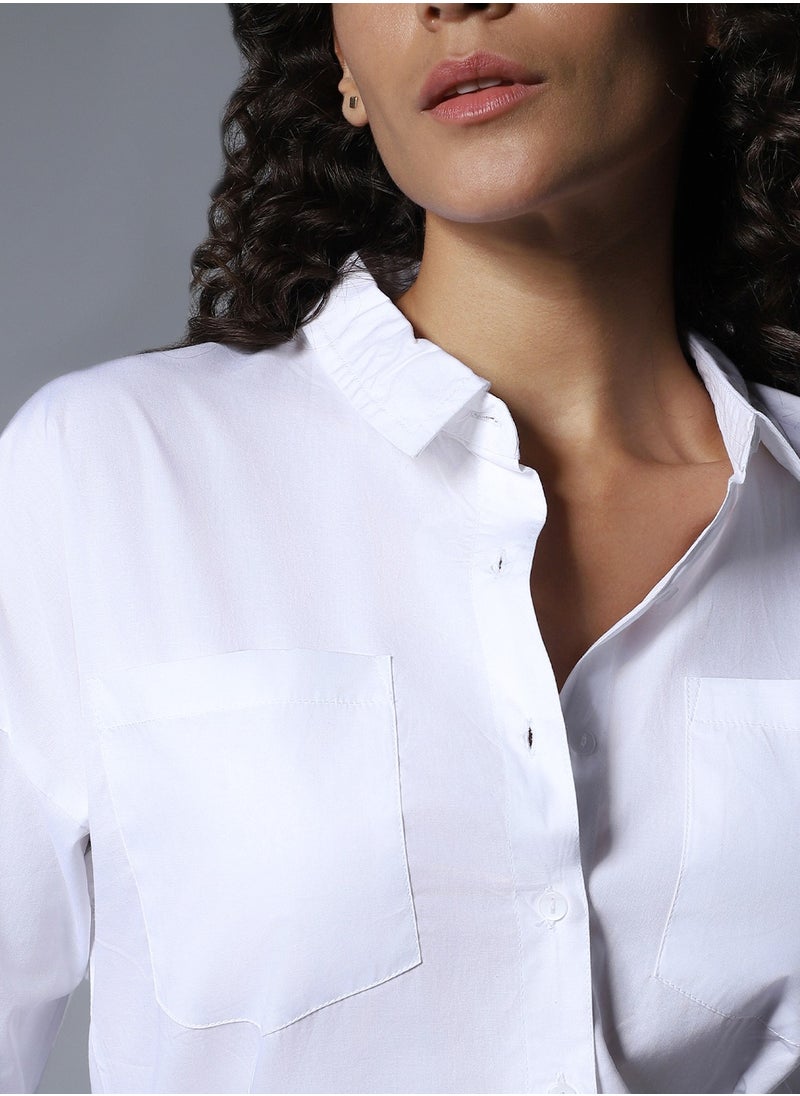 HIGH STAR White Longline Spread Collar Shirt for Women  - Image 5