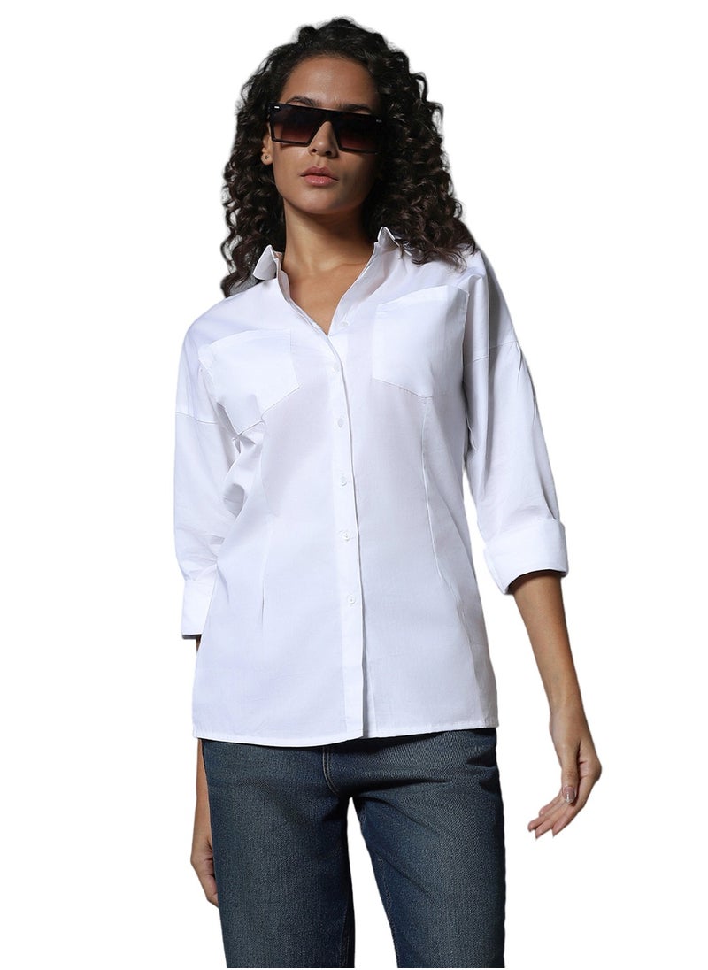 HIGH STAR - White Longline Spread Collar Shirt for Women - Image 1