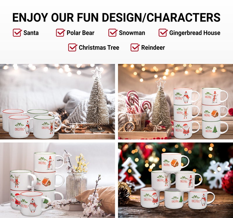 Bruntmor Ceramic Christmas Mug Set of 6 - Non-Toxic & Lead-Free Coffee Mugs with Festive Holiday Designs - Reusable Cup for Tea and Coffee - 14oz - Image 3
