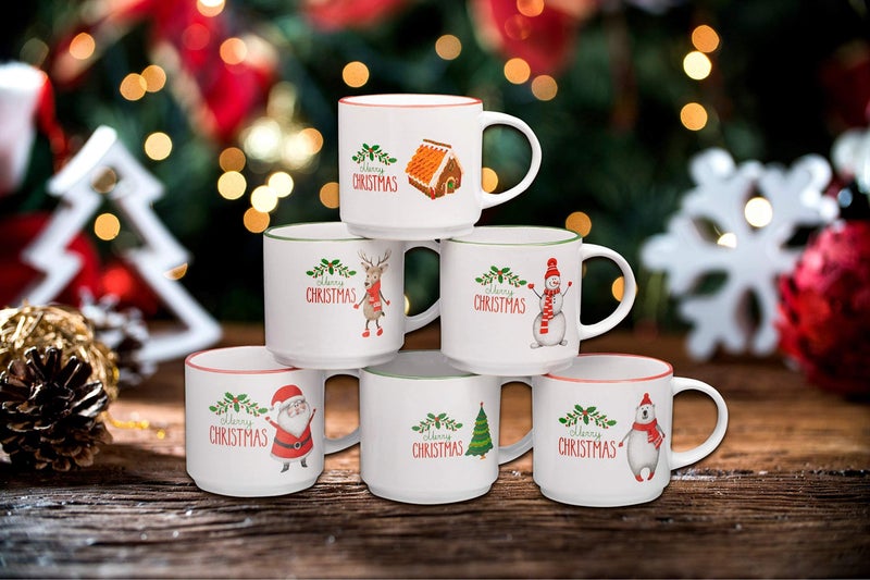 Bruntmor Ceramic Christmas Mug Set of 6 - Non-Toxic & Lead-Free Coffee Mugs with Festive Holiday Designs - Reusable Cup for Tea and Coffee - 14oz - Image 1