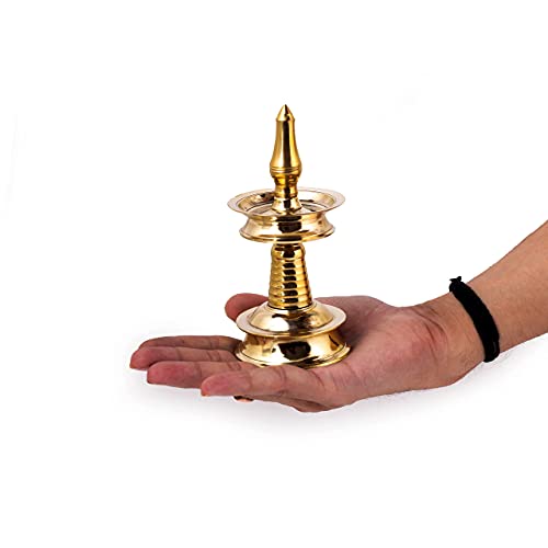 ROLIMOLI Pure Brass Kerala Samay Diya Nilavilakku Traditional Oil Lamp South Indian Style Diwali Puja Decorative Lamp (Gold, 5 Inch) - Image 1