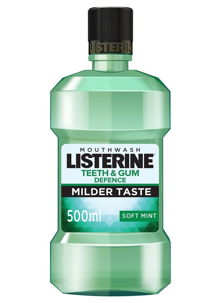 Listerine Teeth and Gum Defence Mouthwash Fresh Breath Milder Taste Soft Mint 12 Hour Germ Teeth Protection 500ml 