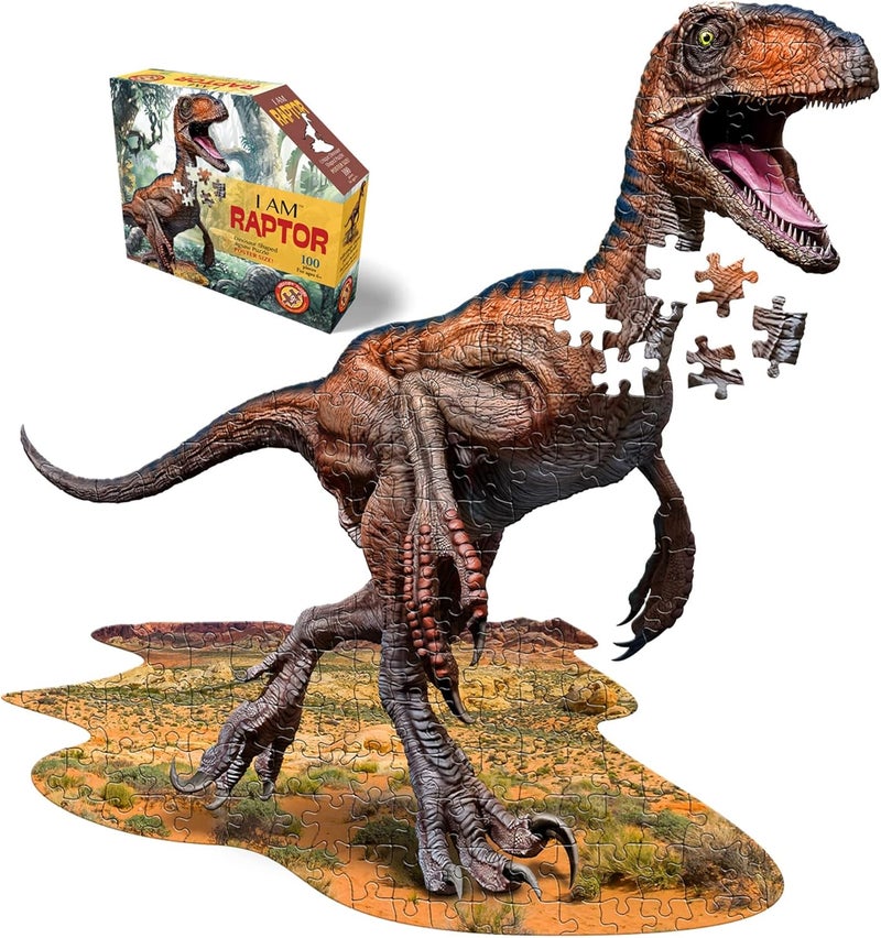 Madd Capp Raptor 100 Piece Jigsaw Puzzle for Ages 6 and Up - 4016 - Unique Animal-Shaped Border, Poster Size When Completed, Oversized Puzzle Pieces for Easy Handling, Includes Educational Fun Facts - Image 1